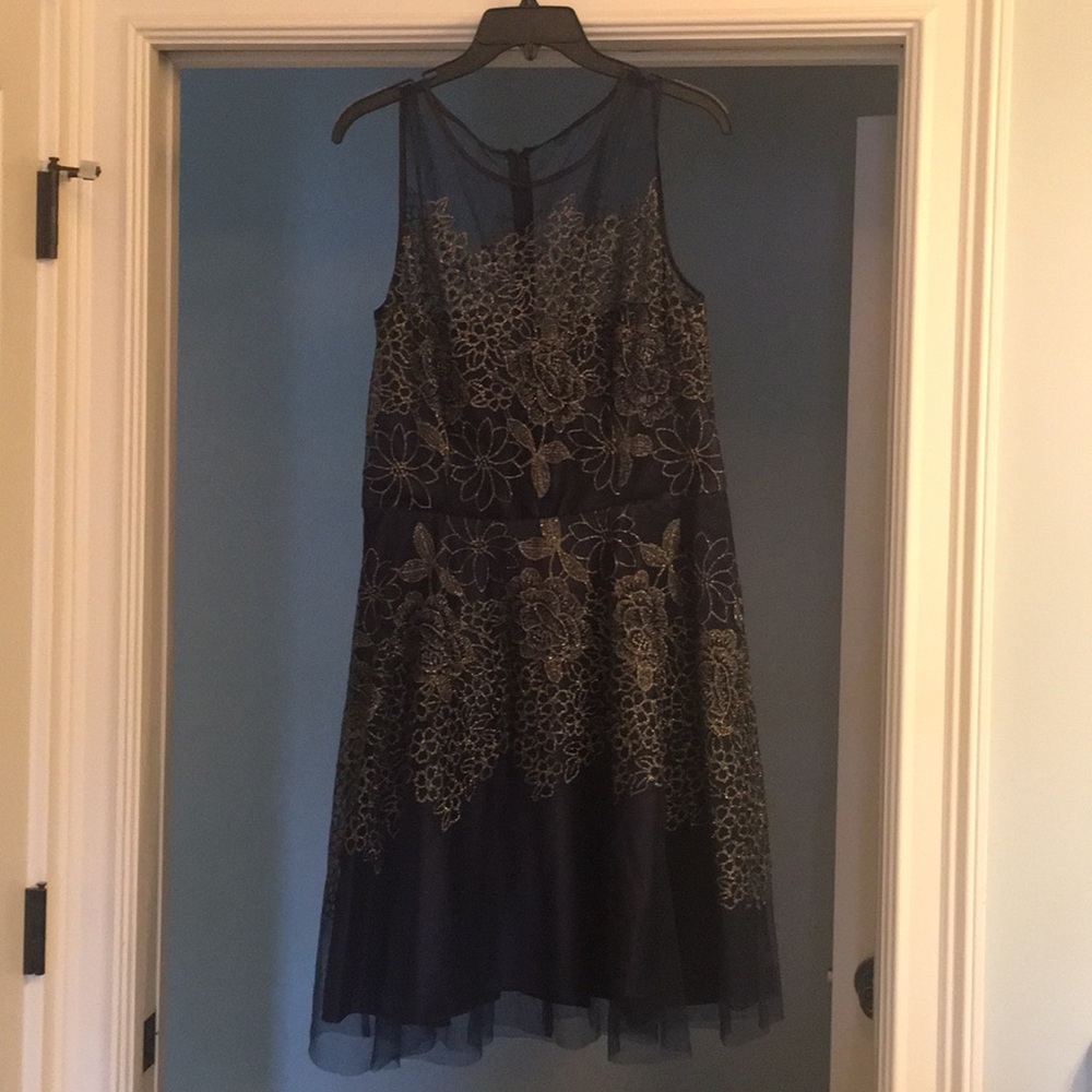 Tahari dark blue & metallic cocktail dress